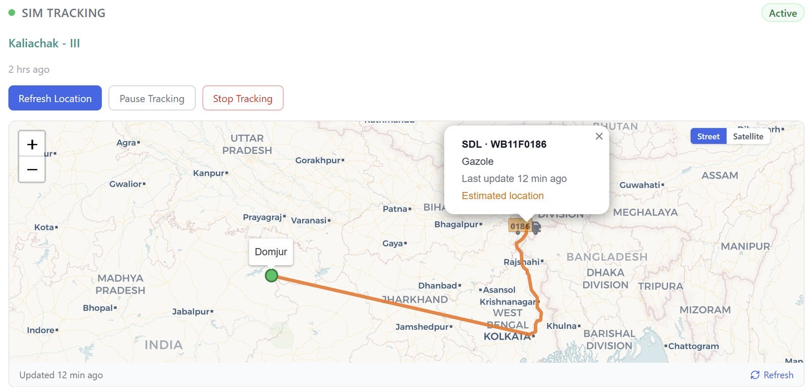 StarPort live SIM tracking — a Star Dynamic truck plotted on a live map along the Domjur to North Bengal corridor